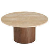 Avila Round Travertine Coffee Table in Walnut