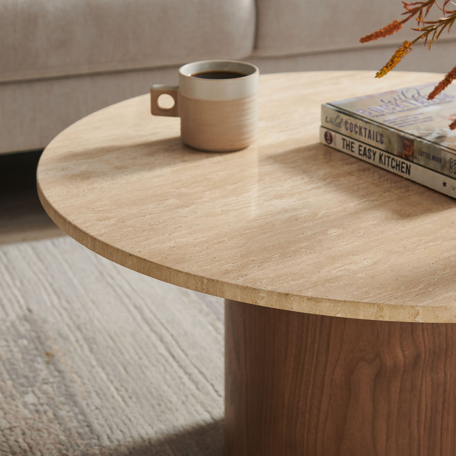 Avila Round Travertine Coffee Table in Walnut
