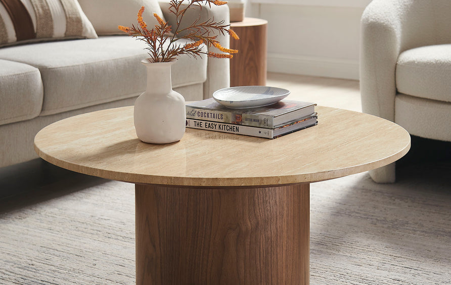 Avila Round Travertine Coffee Table in Walnut