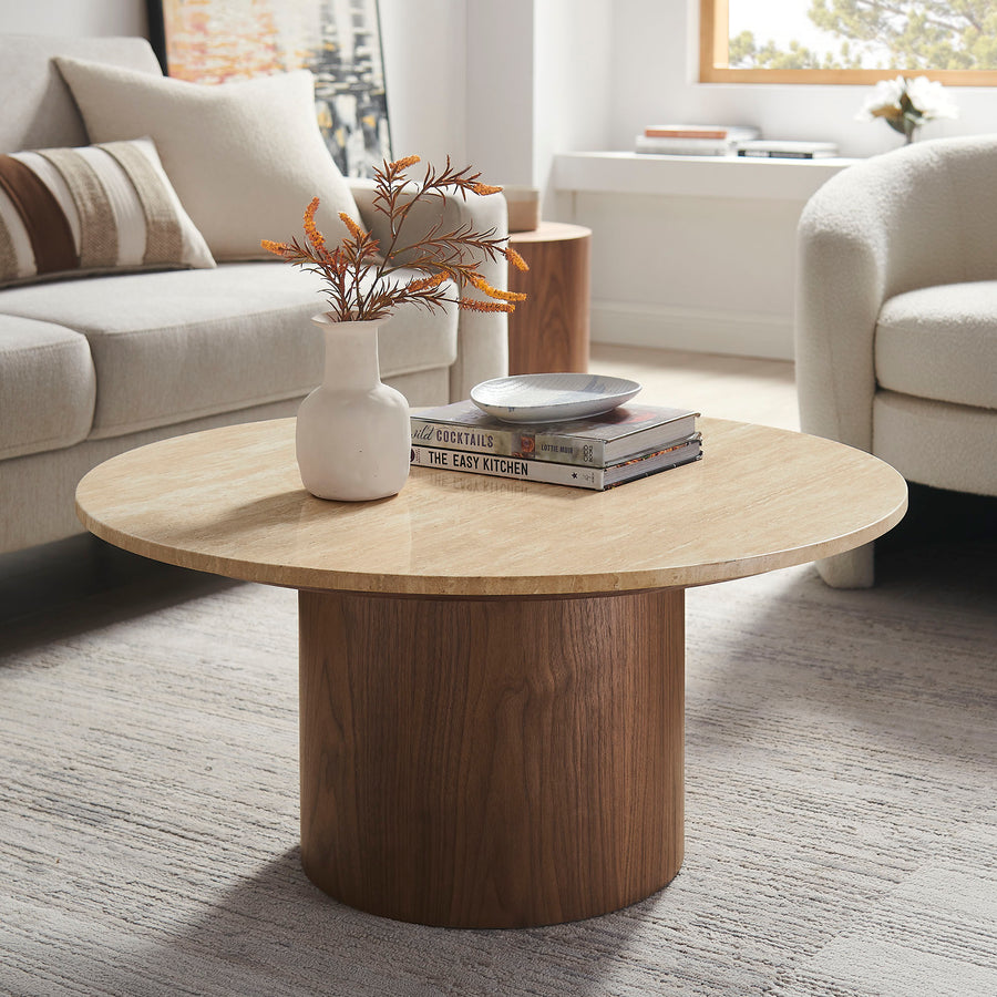Avila Round Travertine Coffee Table in Walnut