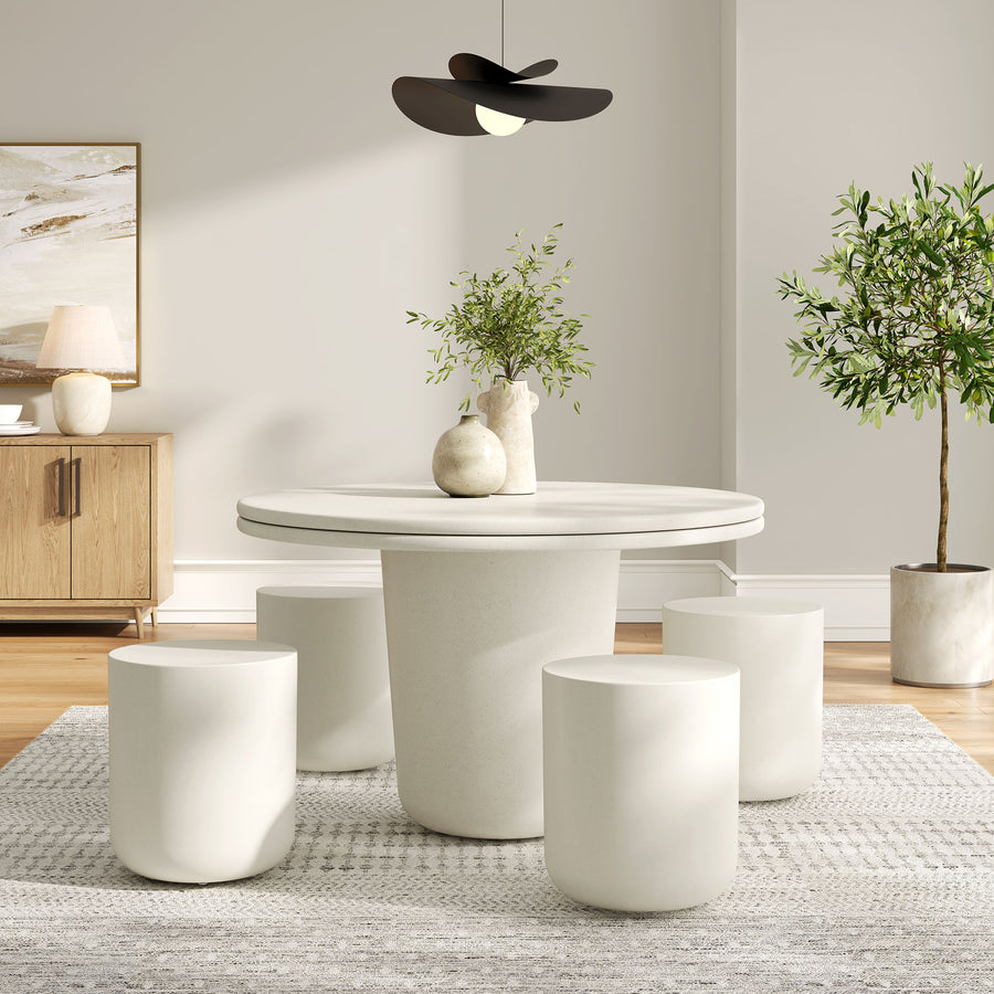 Portico Indoor - Outdoor Patio Concrete 5 Piece Dining Table Set in White