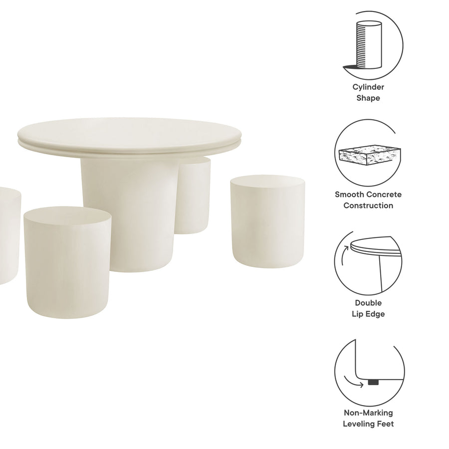 Portico Indoor - Outdoor Patio Concrete 5 Piece Dining Table Set in White