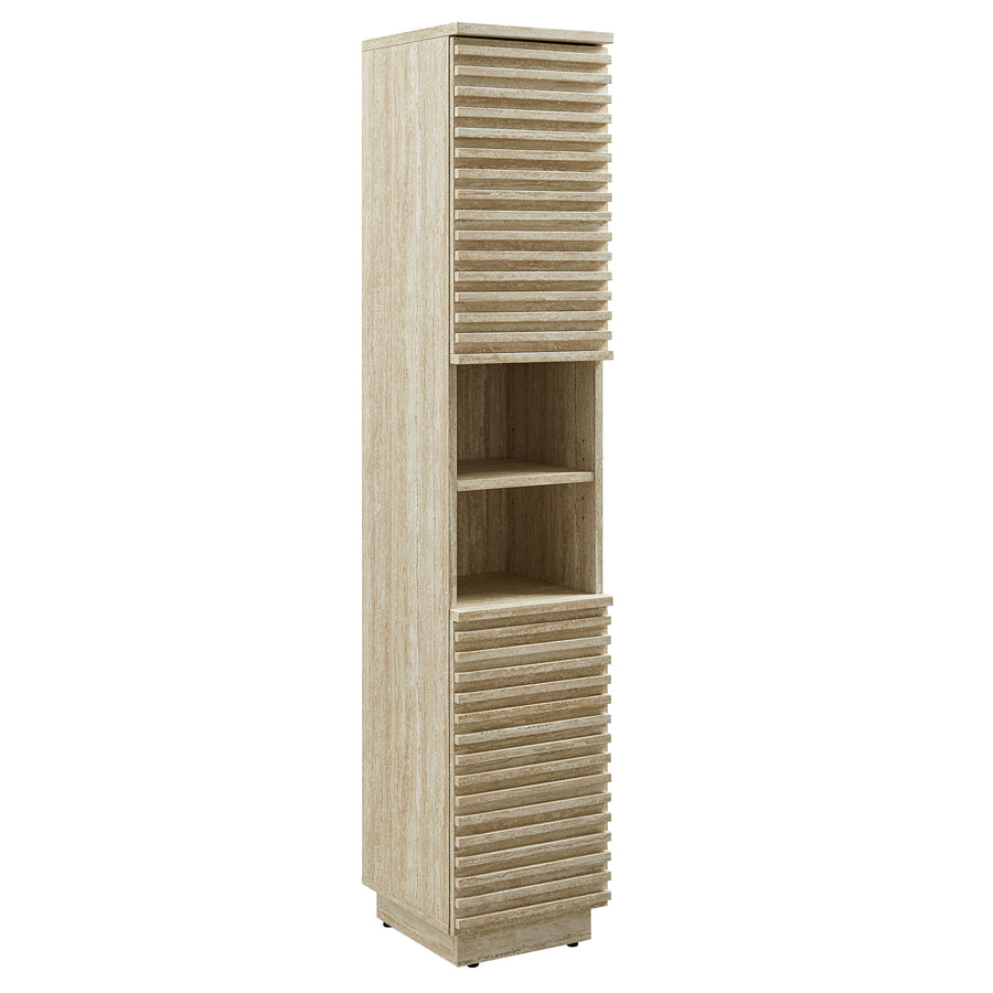 Vera Tall Narrow Faux Travertine Linen Storage Cabinet in Travertine