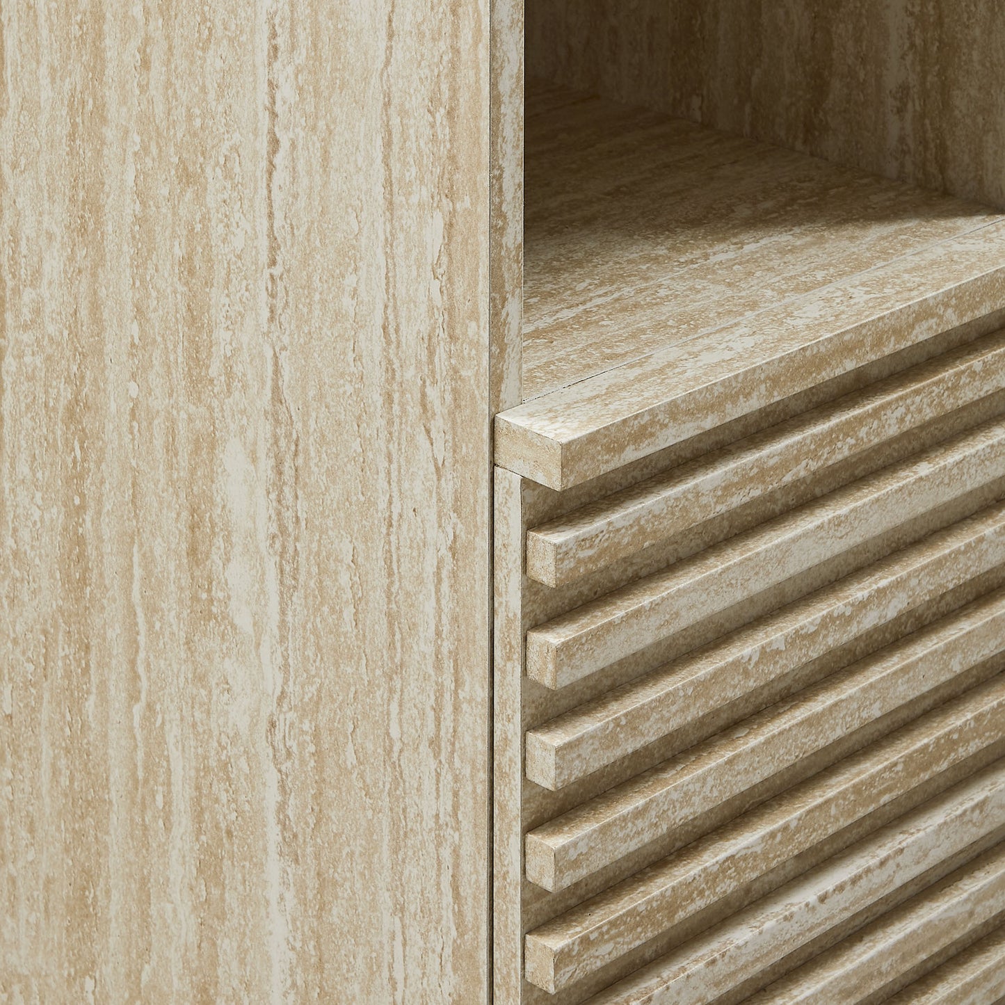 Render Tall Narrow Faux Travertine Linen Storage Cabinet by Furniture For America