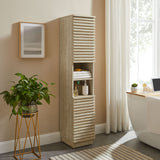 Vera Tall Narrow Faux Travertine Linen Storage Cabinet in Travertine