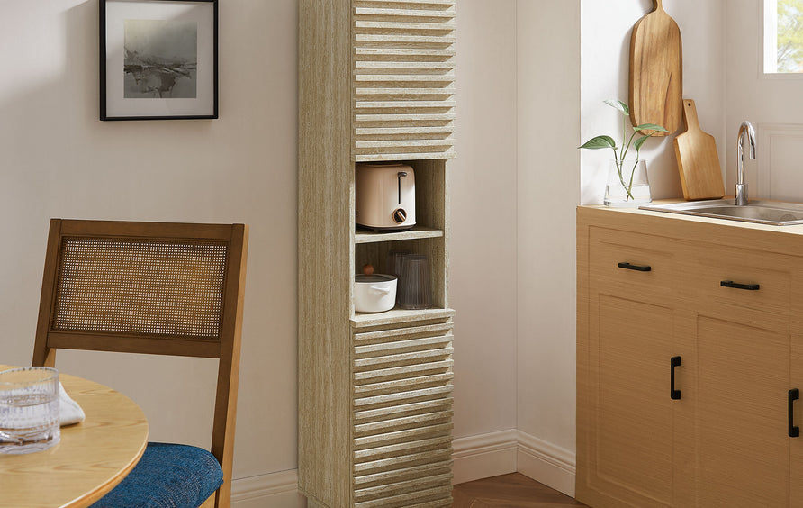 Vera Tall Narrow Faux Travertine Linen Storage Cabinet in Travertine