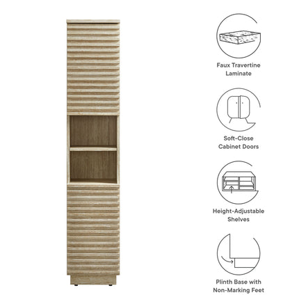 Render Tall Narrow Faux Travertine Linen Storage Cabinet in Travertine