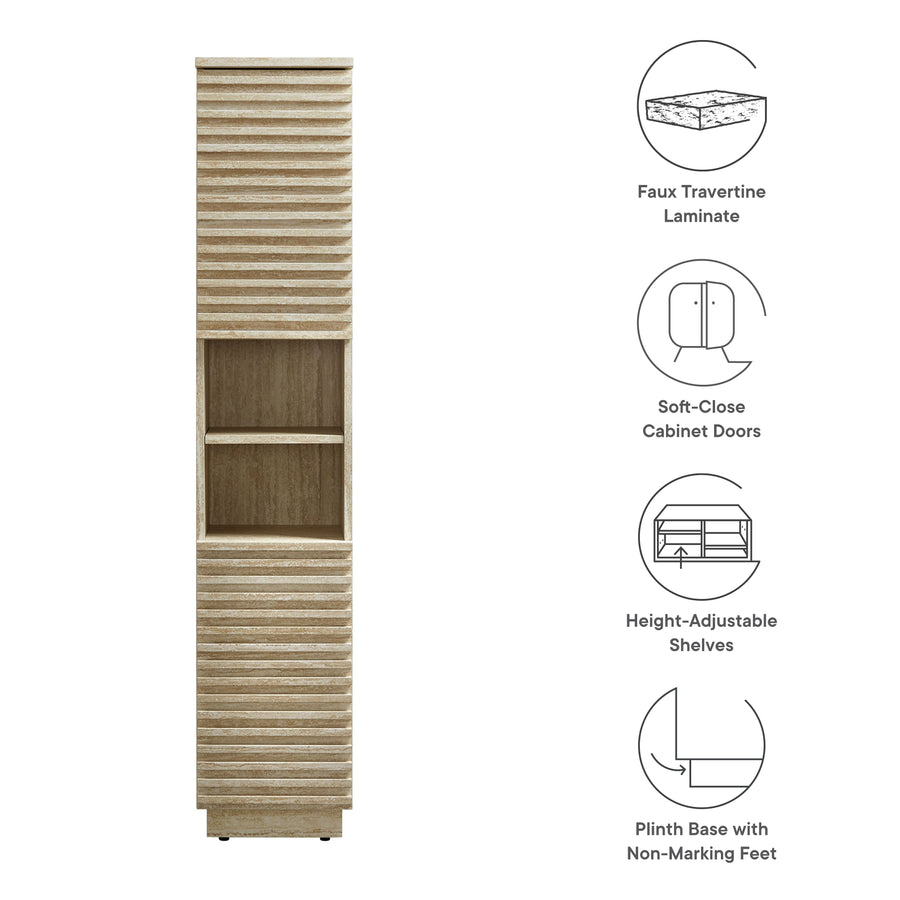 Vera Tall Narrow Faux Travertine Linen Storage Cabinet in Travertine