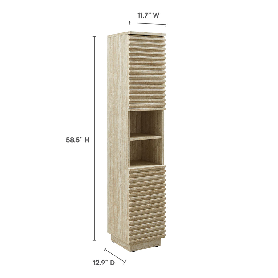 Vera Tall Narrow Faux Travertine Linen Storage Cabinet in Travertine