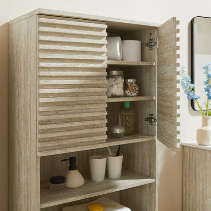 Render Tall Faux Travertine Linen Storage Cabinet by Furniture For America