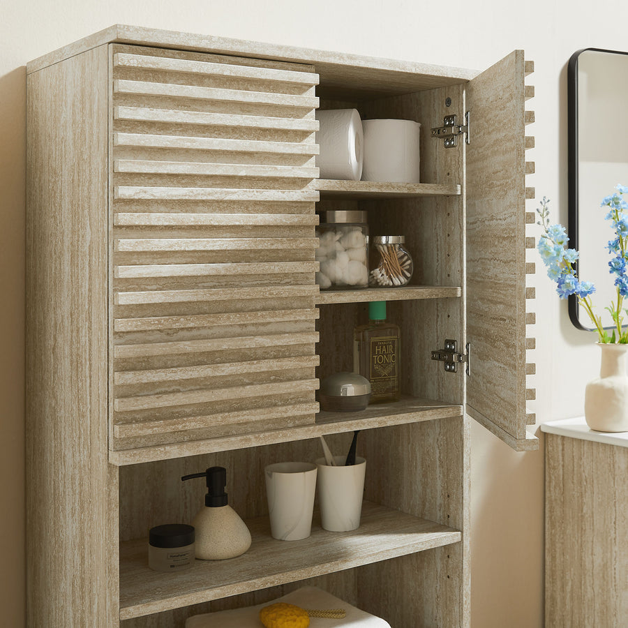 Vera Tall Faux Travertine Linen Storage Cabinet in Travertine