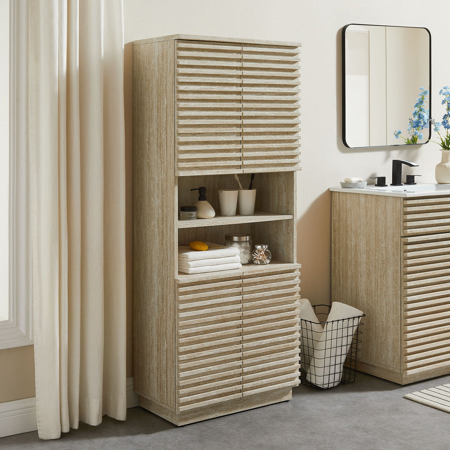 Vera Tall Faux Travertine Linen Storage Cabinet in Travertine