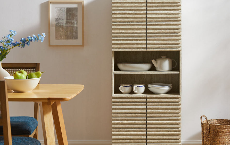 Vera Tall Faux Travertine Linen Storage Cabinet in Travertine