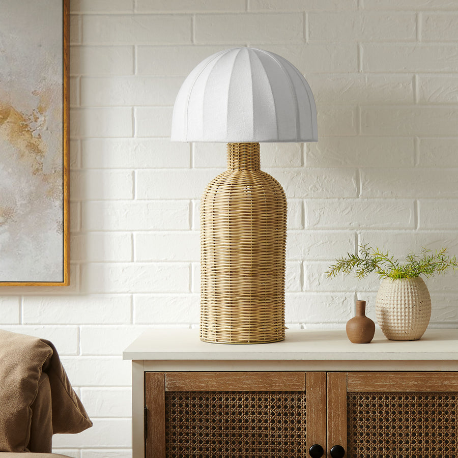 Roundstone Rattan Table Lamp With Dome Shade in White Natural