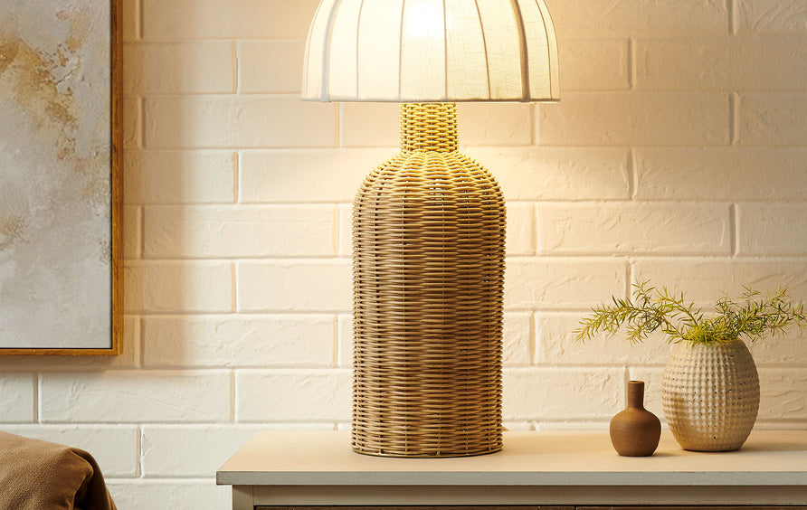 Roundstone Rattan Table Lamp With Dome Shade in White Natural