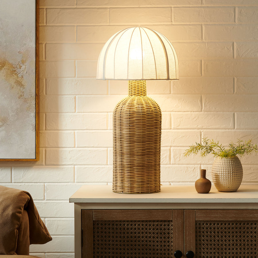 Roundstone Rattan Table Lamp With Dome Shade in White Natural