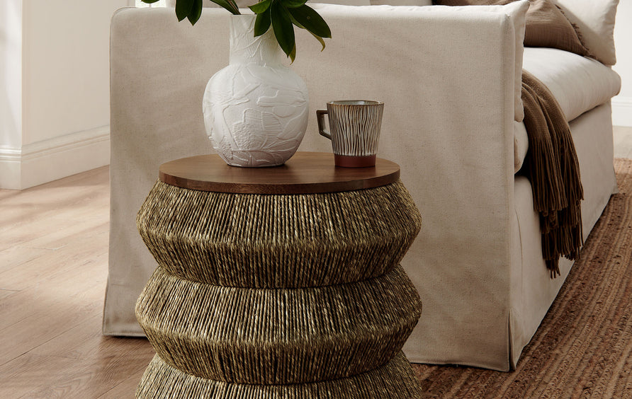 Jago Seagrass and Wood End Table in Walnut Natural