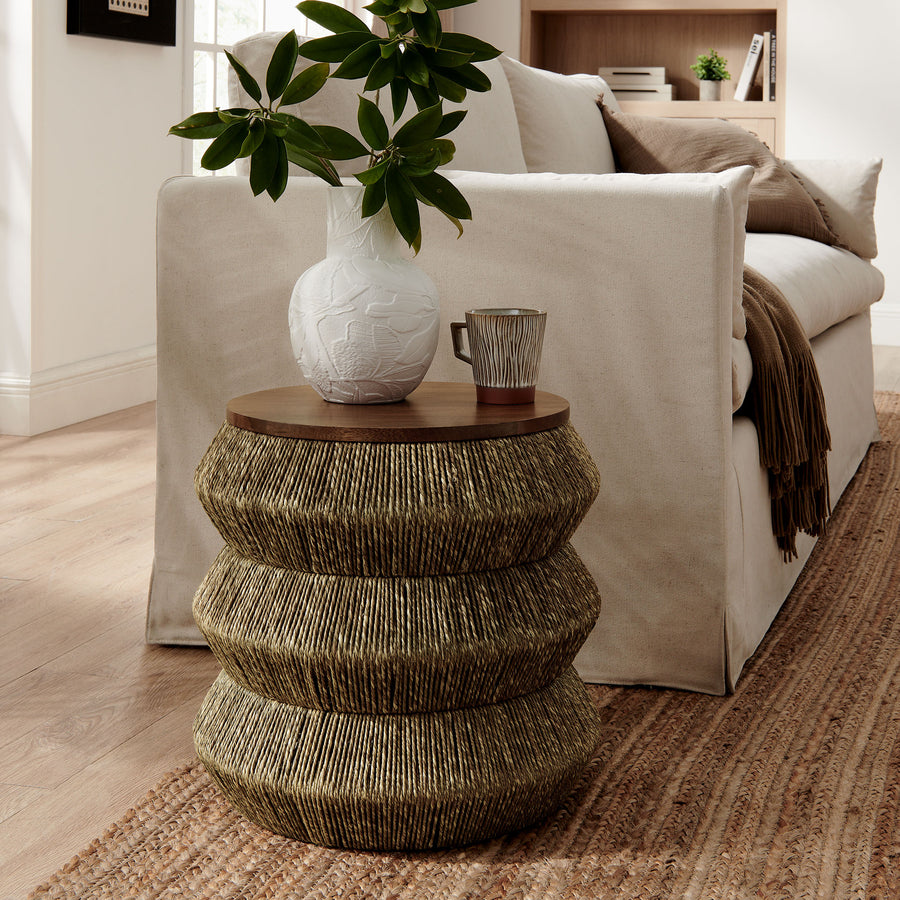 Jago Seagrass and Wood End Table in Walnut Natural