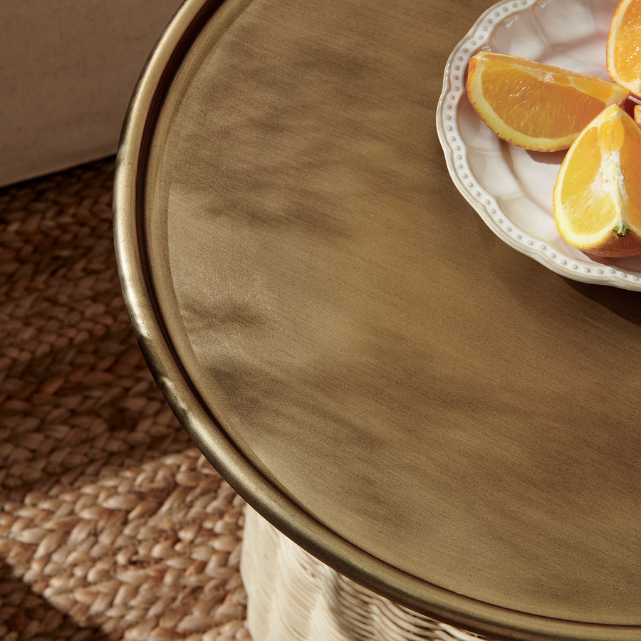 Girona Round Rattan Side Table in Burnished Brass Natural