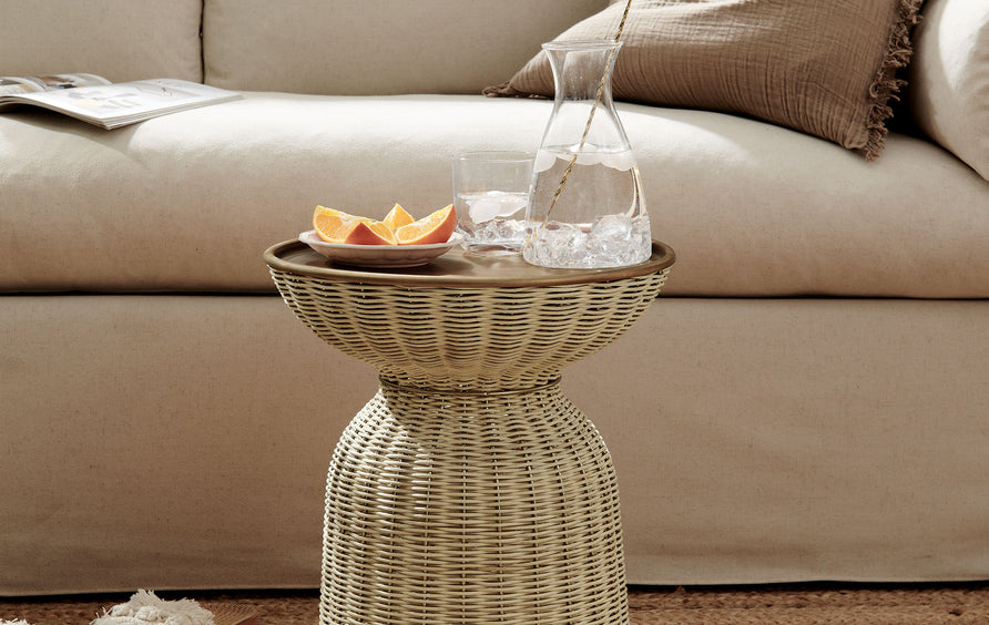 Girona Round Rattan Side Table in Burnished Brass Natural
