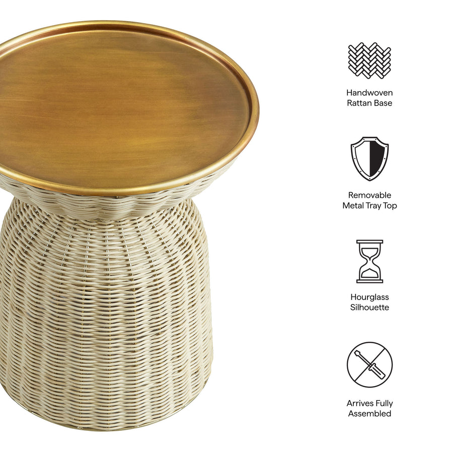 Girona Round Rattan Side Table in Burnished Brass Natural