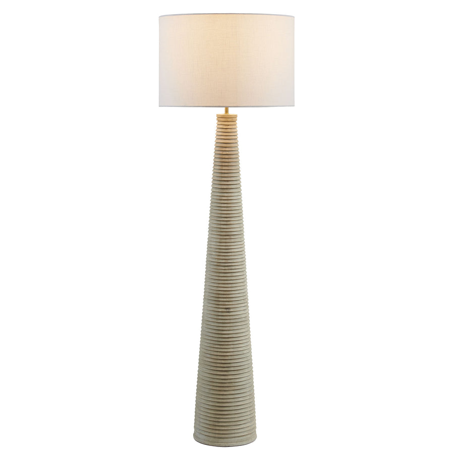 Killarney Carved Ribbed Wood Floor Lamp With Drum Shade in White Gray
