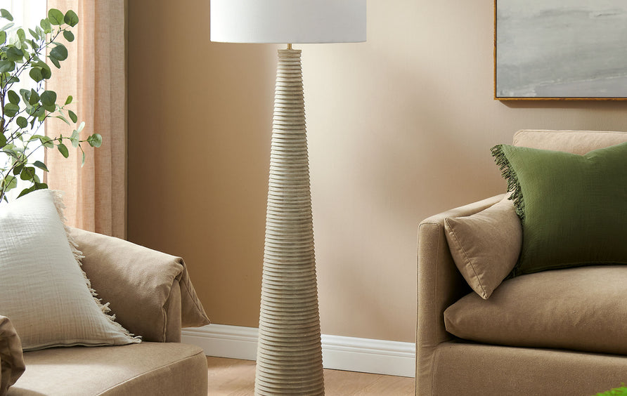 Killarney Carved Ribbed Wood Floor Lamp With Drum Shade in White Gray
