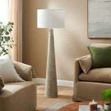 Killarney Carved Ribbed Wood Floor Lamp With Drum Shade in White Gray
