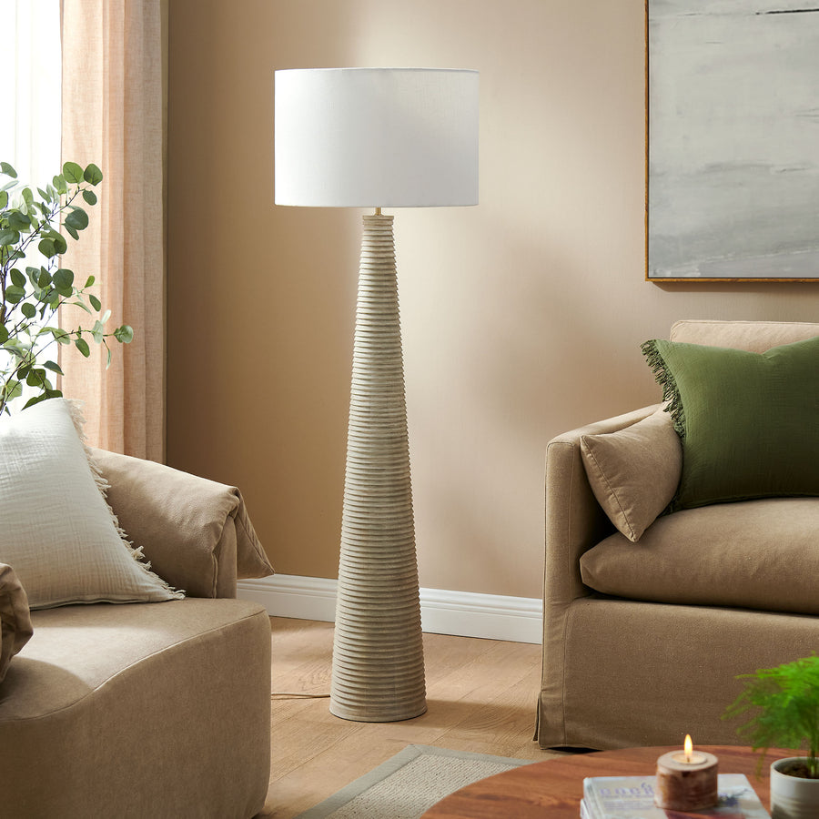 Killarney Carved Ribbed Wood Floor Lamp With Drum Shade in White Gray