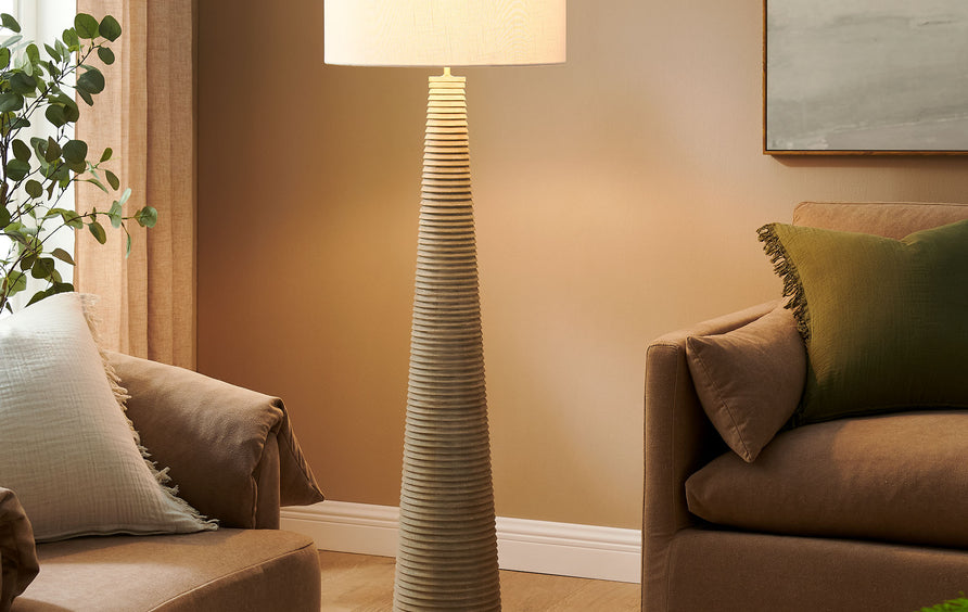 Killarney Carved Ribbed Wood Floor Lamp With Drum Shade in White Gray