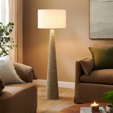 Killarney Carved Ribbed Wood Floor Lamp With Drum Shade in White Gray