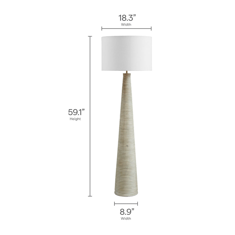 Killarney Carved Ribbed Wood Floor Lamp With Drum Shade in White Gray