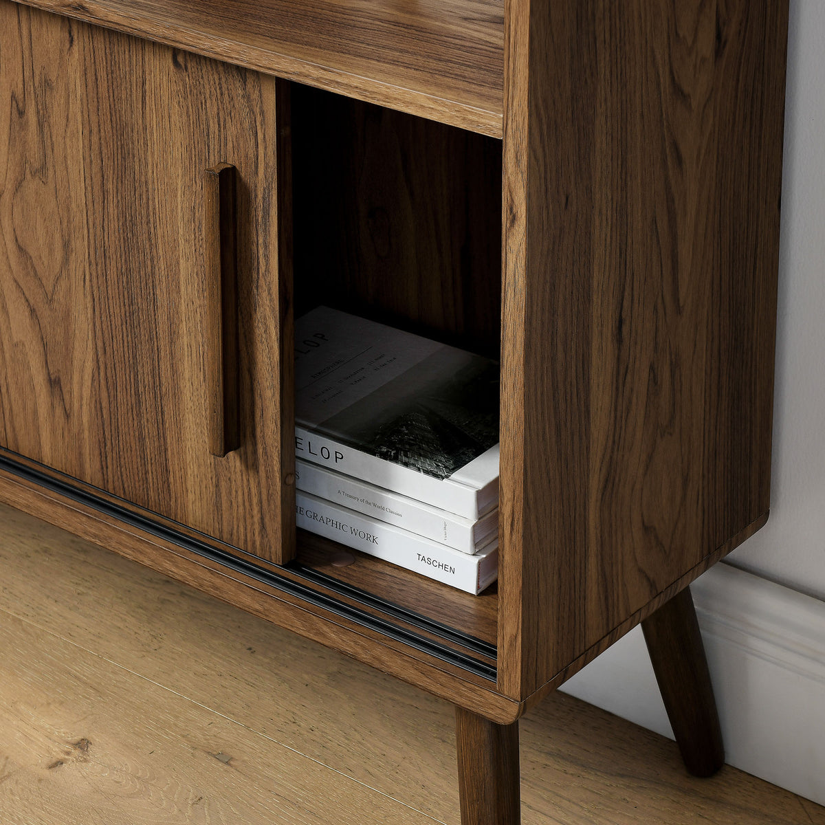 Transmit 45" Bookcase with Sliding Doors in Walnut