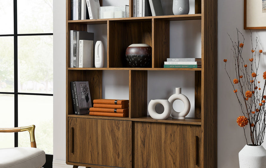 Emery 45" Bookcase with Sliding Doors in Walnut