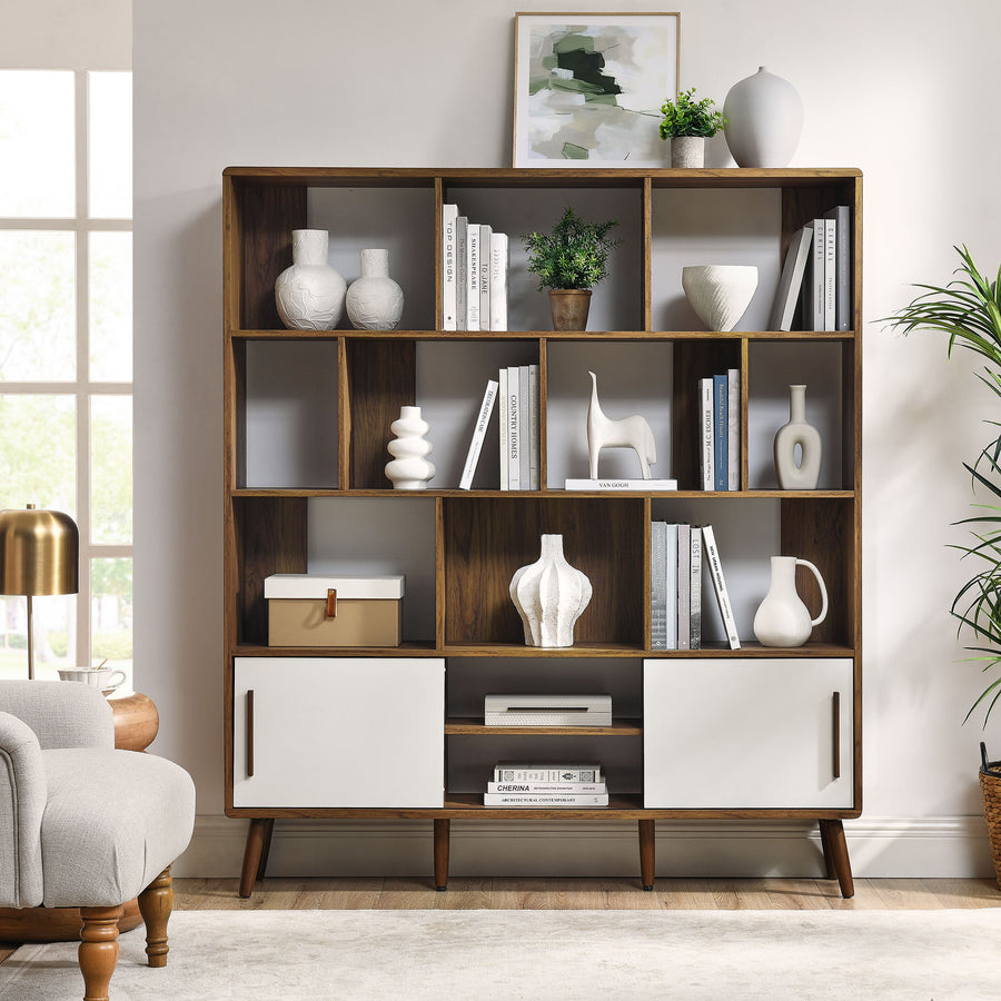 Emery 59" Bookcase with Sliding Doors in Walnut Linen
