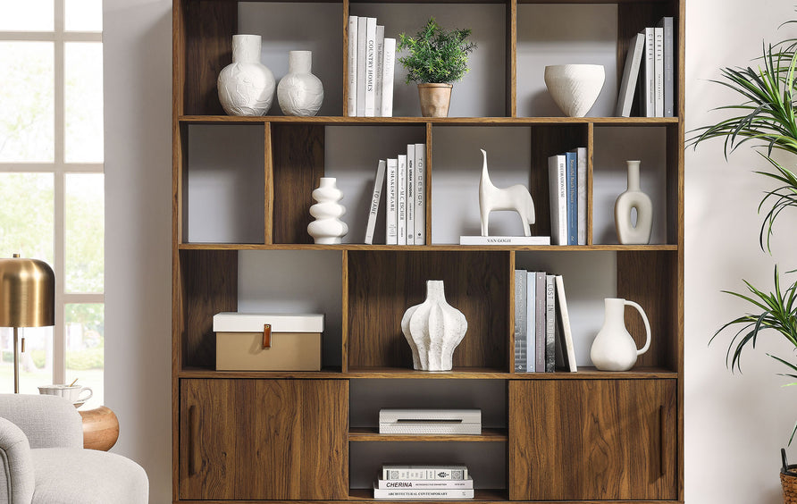 Emery 59" Bookcase with Sliding Doors in Walnut
