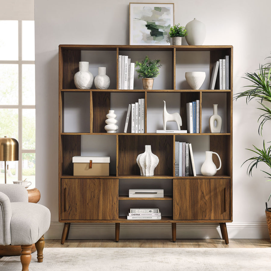 Emery 59" Bookcase with Sliding Doors in Walnut