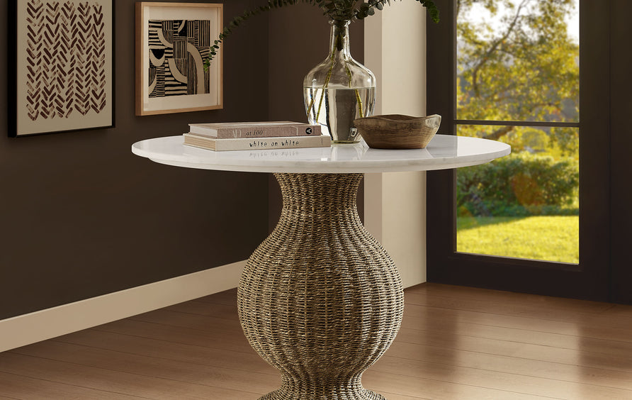 Vansbro 36" Marble and Seagrass Dining Table in White Natural