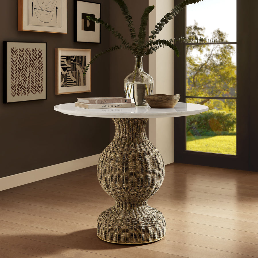 Vansbro 36" Marble and Seagrass Dining Table in White Natural