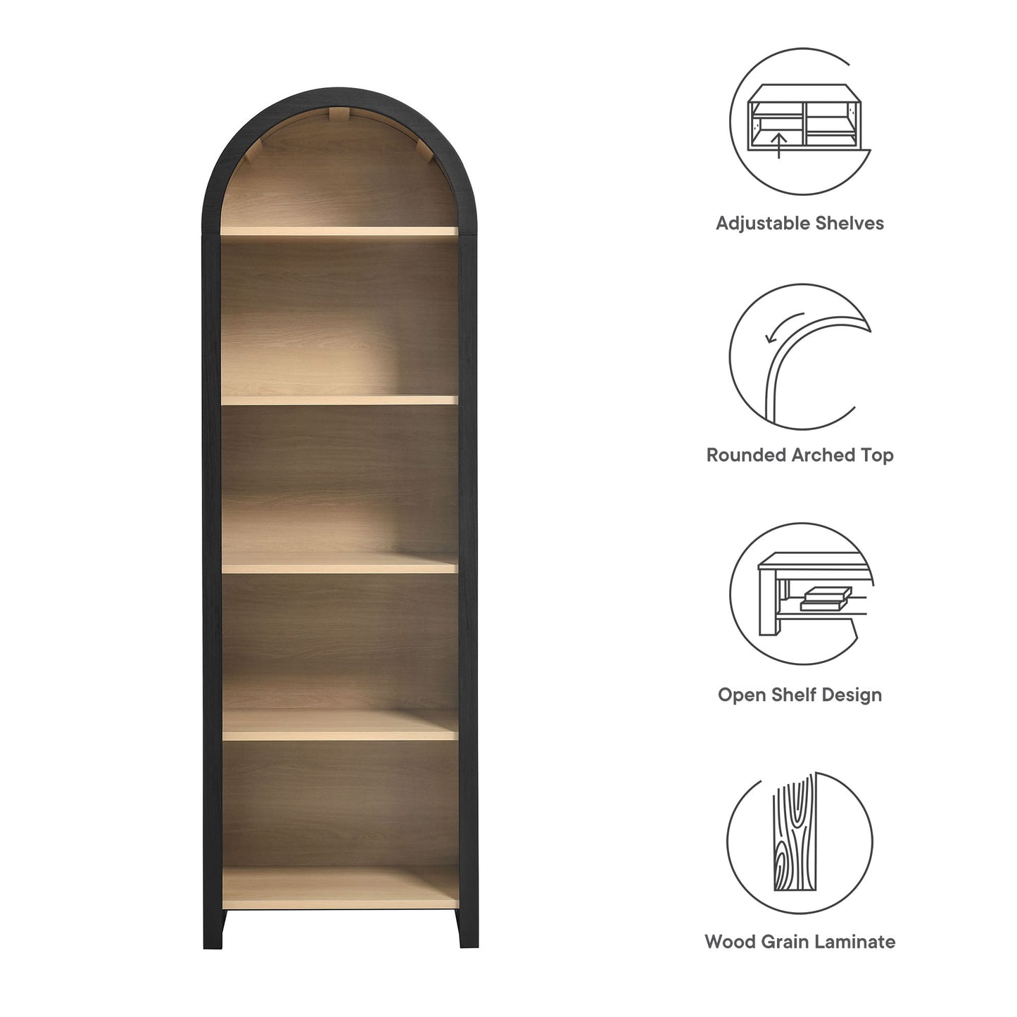 Evie Arched Narrow Bookcase Display Cabinet by Furniture For America