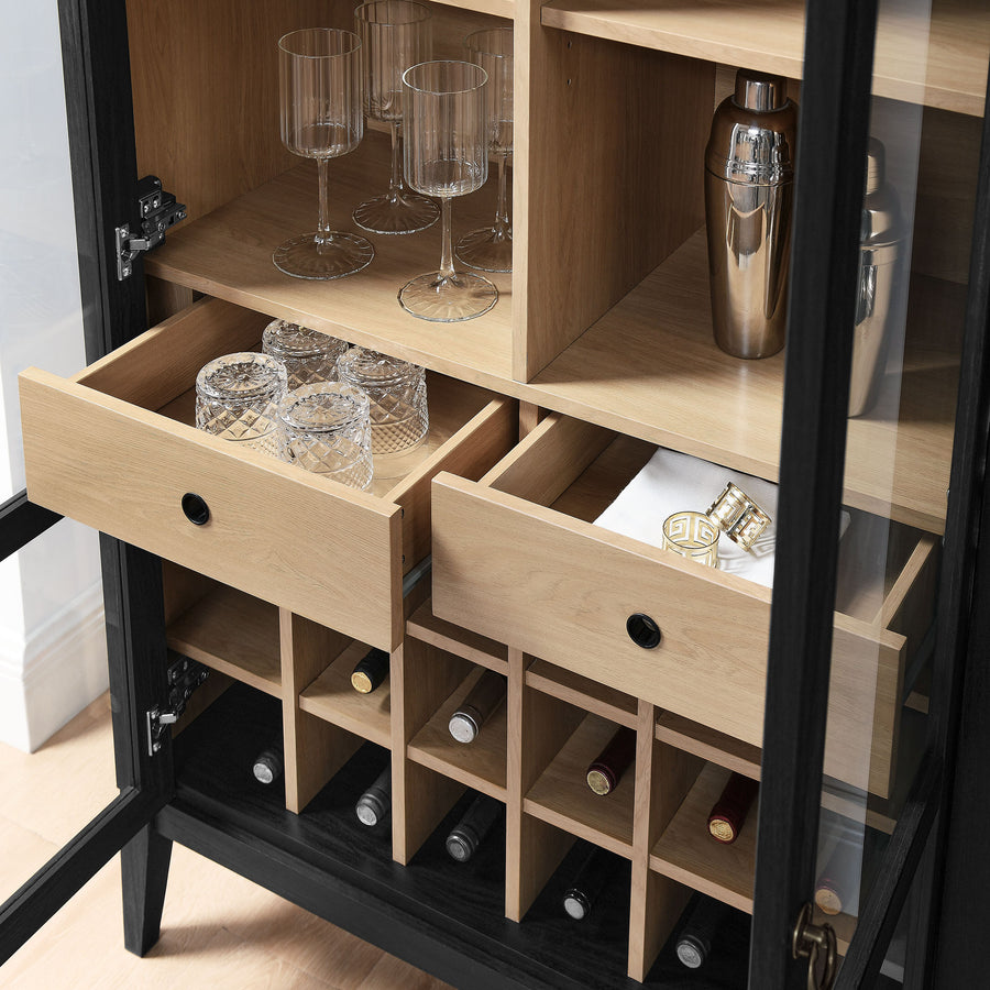 Percale Arched Bar Cabinet in Black Oak