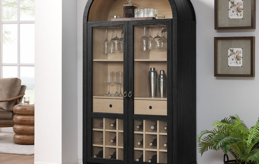 Percale Arched Bar Cabinet in Black Oak