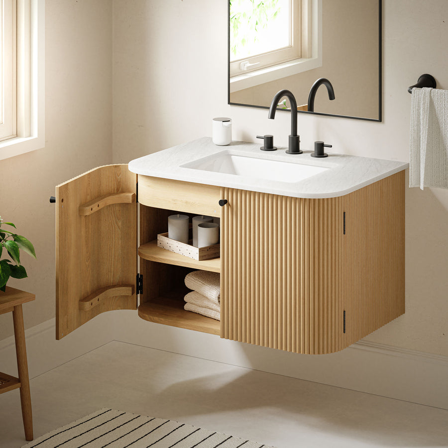 Paloma 30" Wall-Mount Bathroom Vanity with Marble Sink in Natural
