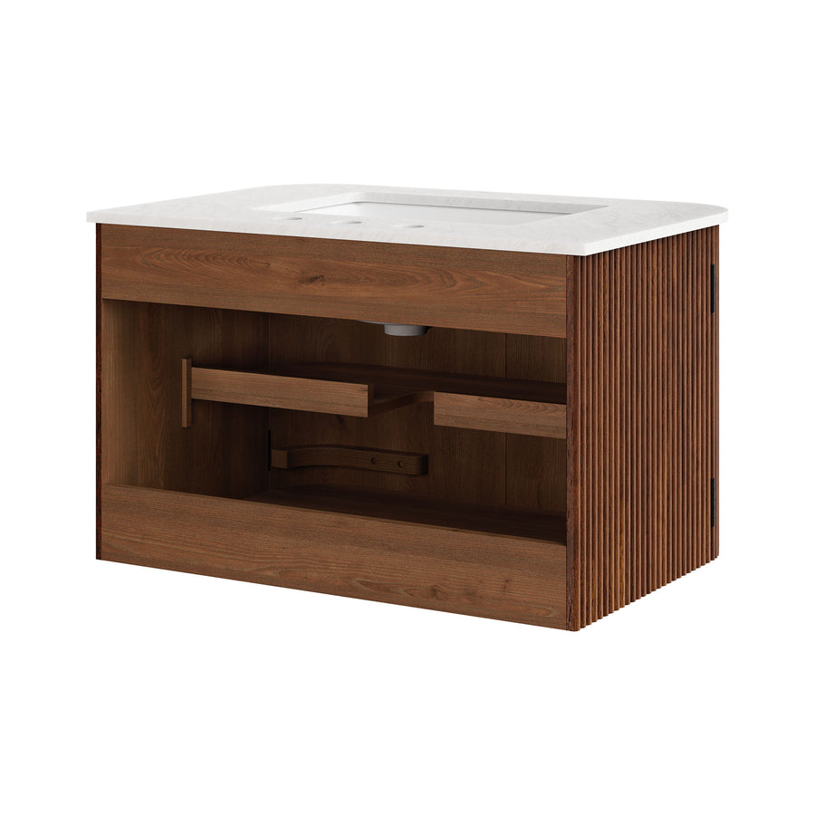 Paloma 30" Wall-Mount Bathroom Vanity with Marble Sink in Walnut