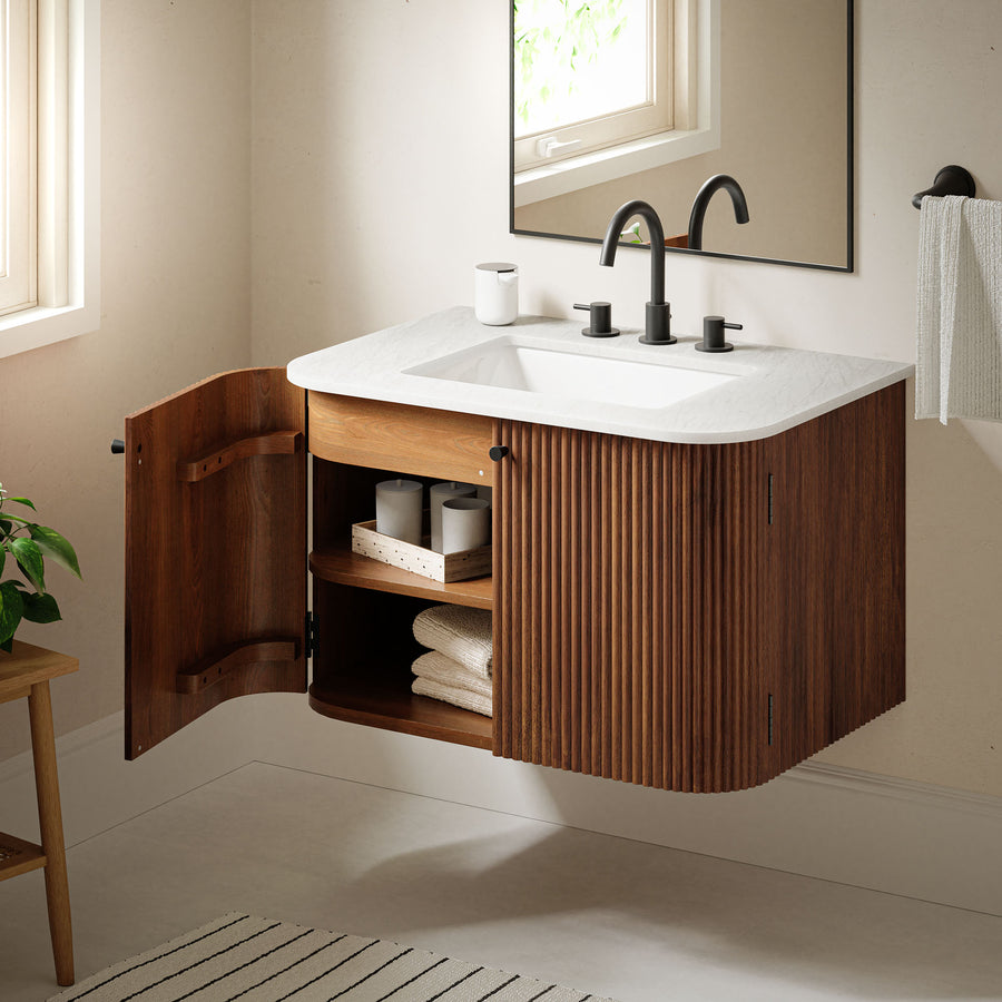 Paloma 30" Wall-Mount Bathroom Vanity with Marble Sink in Walnut