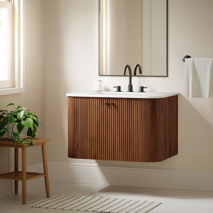 Paloma 30" Wall-Mount Bathroom Vanity with Marble Sink in Walnut