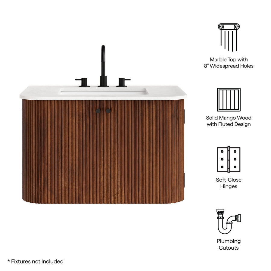 Paloma 30" Wall-Mount Bathroom Vanity with Marble Sink in Walnut