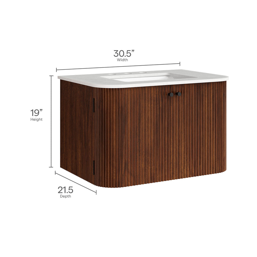 Paloma 30" Wall-Mount Bathroom Vanity with Marble Sink in Walnut