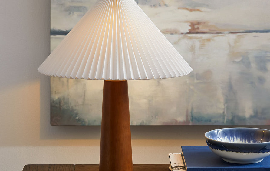 Zedoary Wooden Base Table Lamp With Pleated Fabric Shade in Walnut