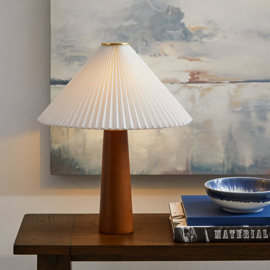 Zedoary Wooden Base Table Lamp With Pleated Fabric Shade in Walnut